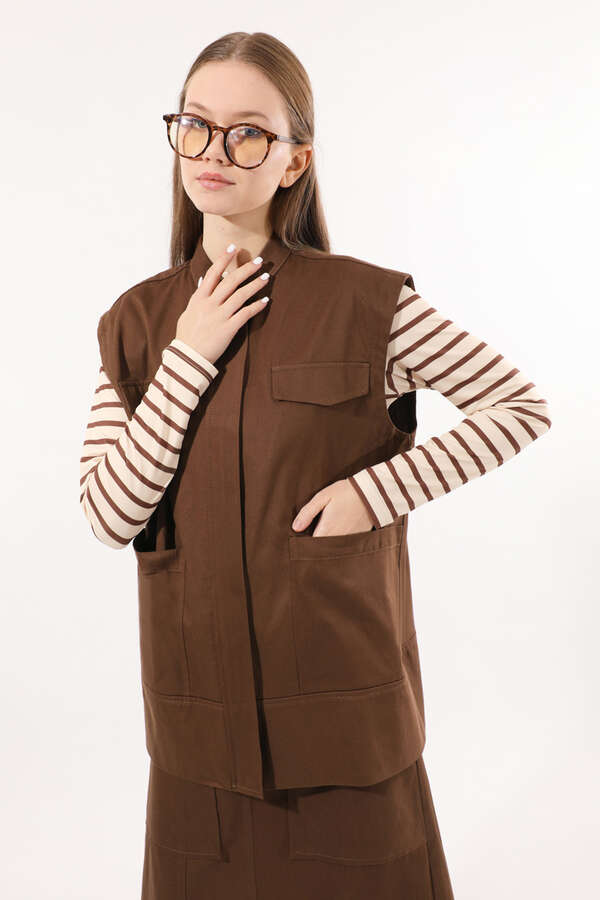 Önü Fermuarlı Yelek Etek Takım Kahverengi - 4