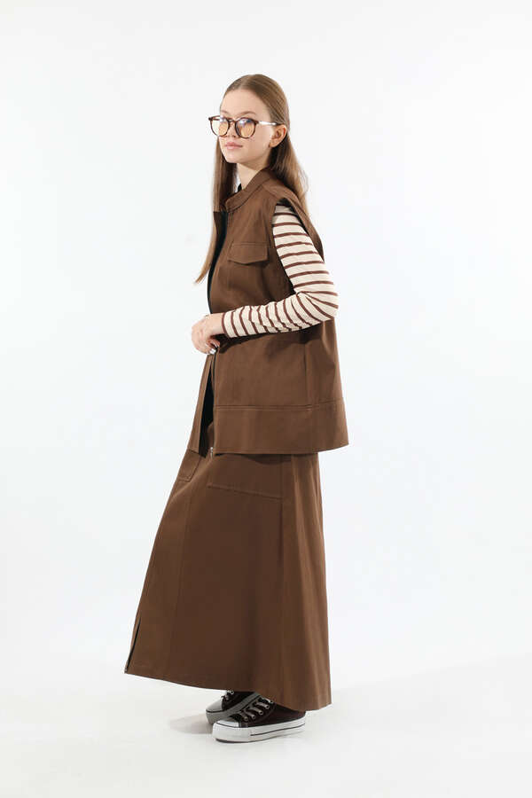 Önü Fermuarlı Yelek Etek Takım Kahverengi - 5