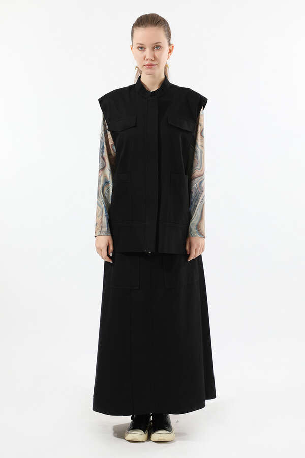 Önü Fermuarlı Yelek Etek Takım Siyah - 5