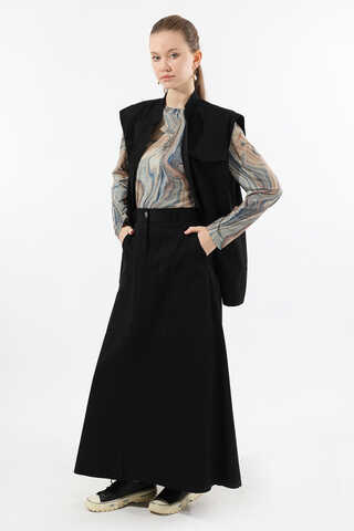 Önü Fermuarlı Yelek Etek Takım Siyah - 3