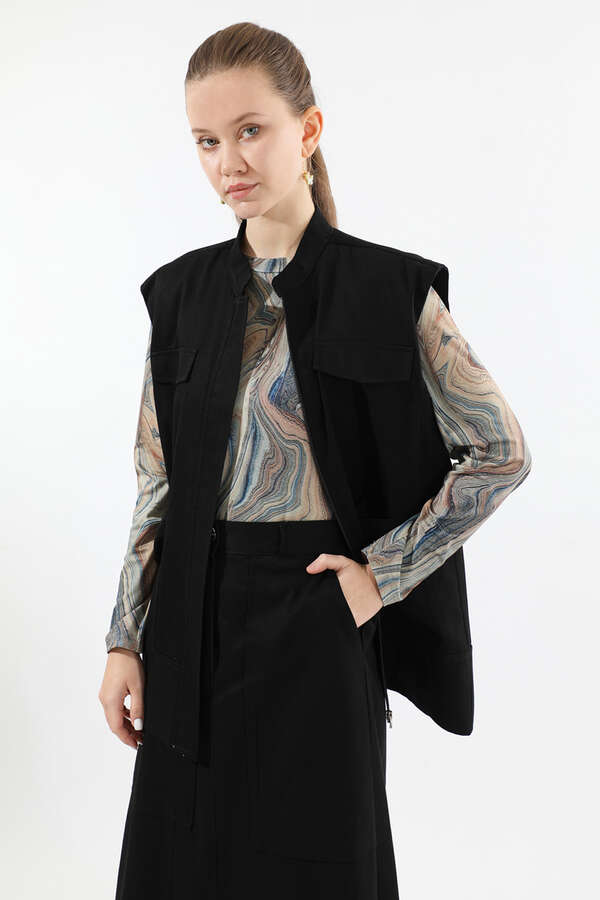 Önü Fermuarlı Yelek Etek Takım Siyah - 2