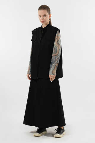 Önü Fermuarlı Yelek Etek Takım Siyah - 1