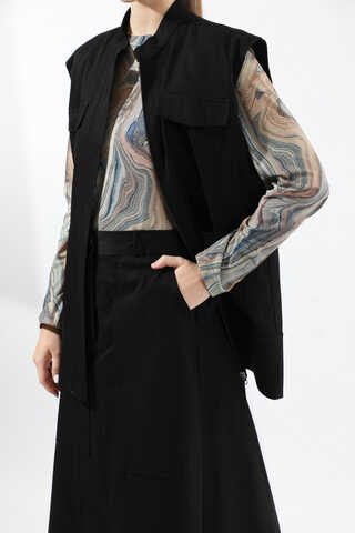 Önü Fermuarlı Yelek Etek Takım Siyah - 4