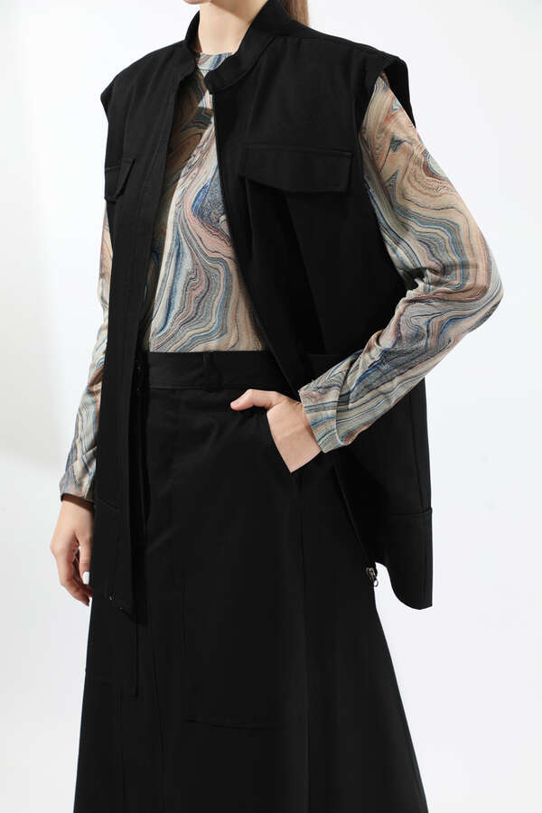 Önü Fermuarlı Yelek Etek Takım Siyah - 4