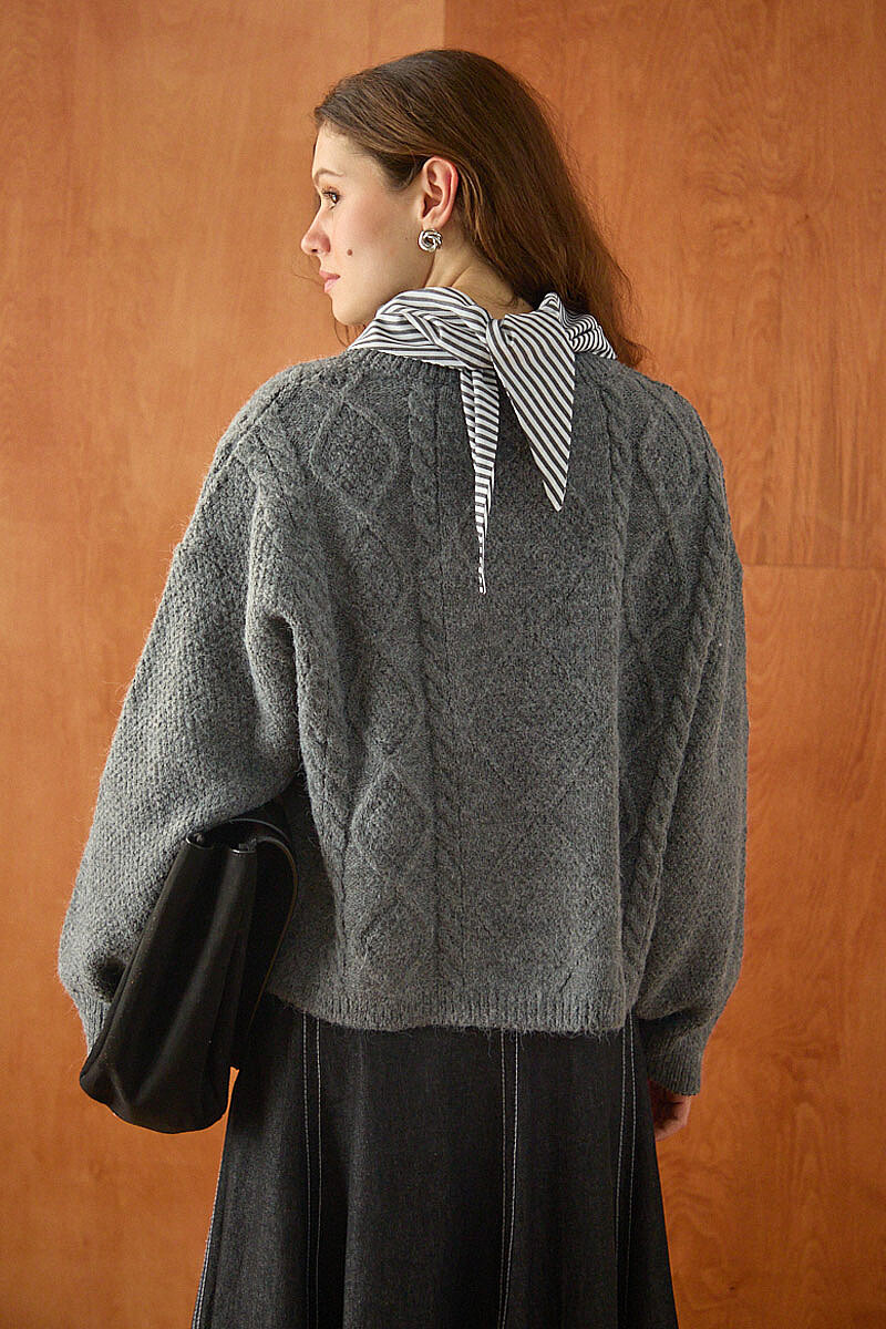 Örgülü Triko Hırka Füme - 6
