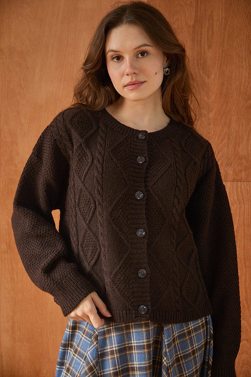 Örgülü Triko Hırka Kahve - 4