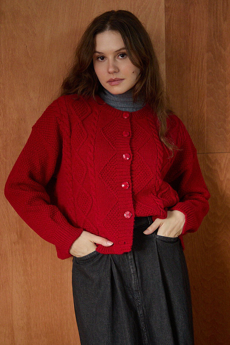 Örgülü Triko Hırka Kırmızı - 4