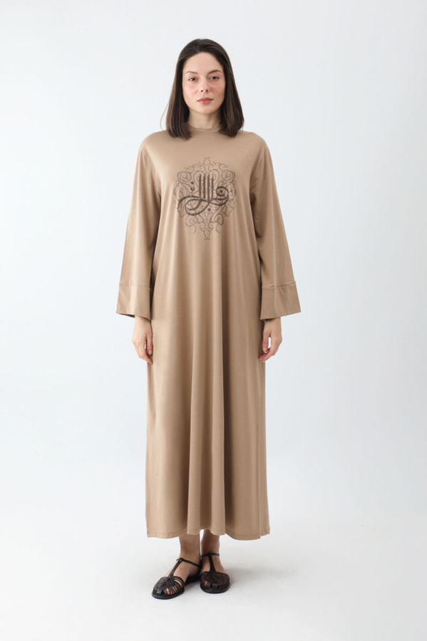 Osmanlı Baskılı Sweat Elbise Camel - 1