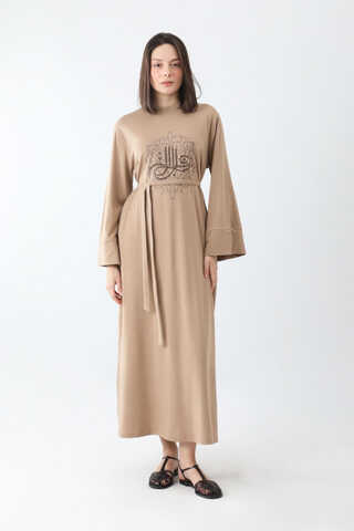 Osmanlı Baskılı Sweat Elbise Camel - 6