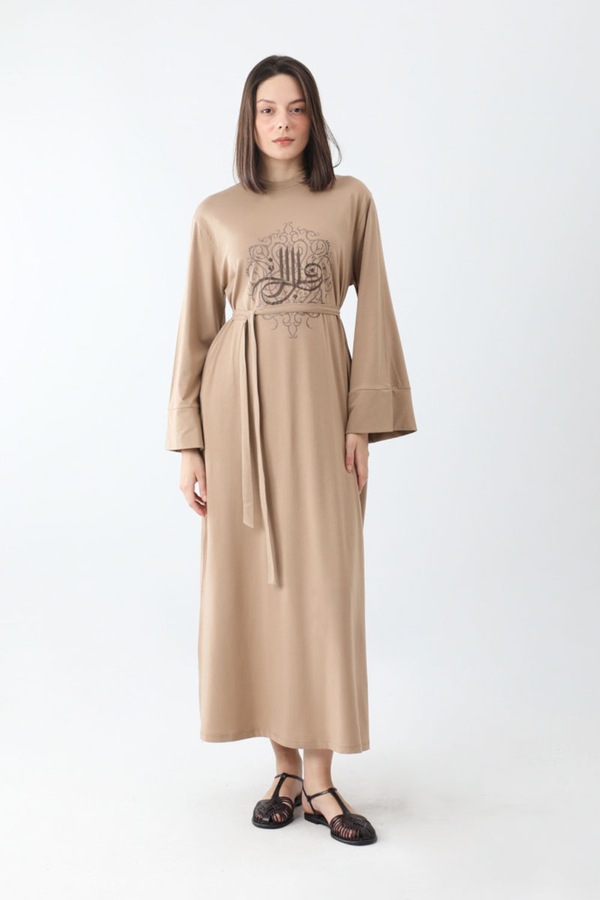 Osmanlı Baskılı Sweat Elbise Camel - 6
