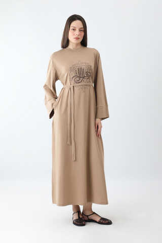 Osmanlı Baskılı Sweat Elbise Camel - 7