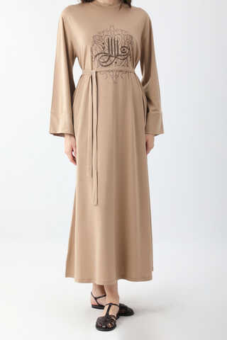 Osmanlı Baskılı Sweat Elbise Camel - 8