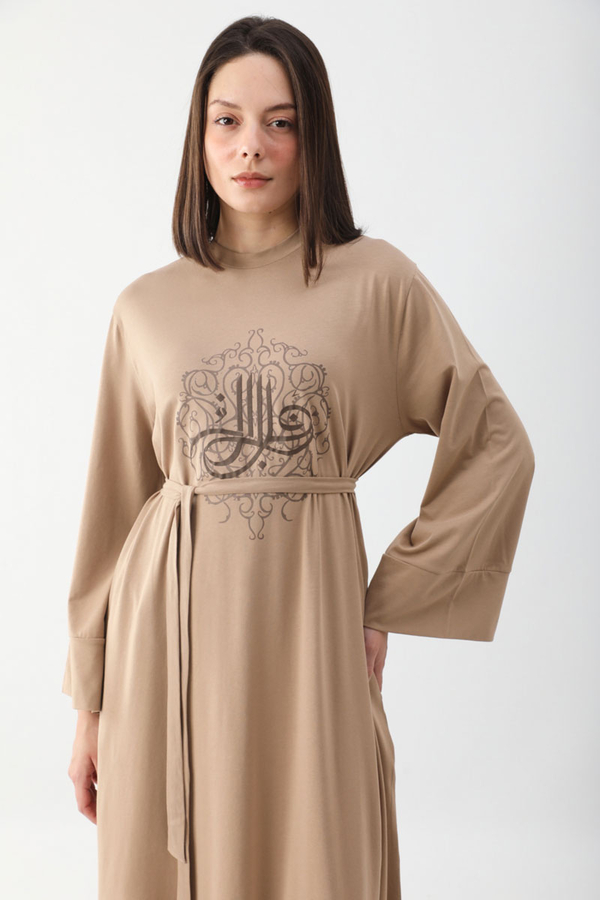 Osmanlı Baskılı Sweat Elbise Camel - 2