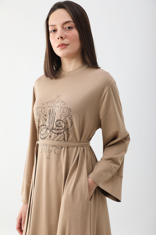 Osmanlı Baskılı Sweat Elbise Camel - 3