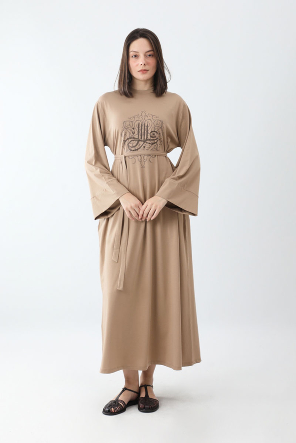 Osmanlı Baskılı Sweat Elbise Camel - 4