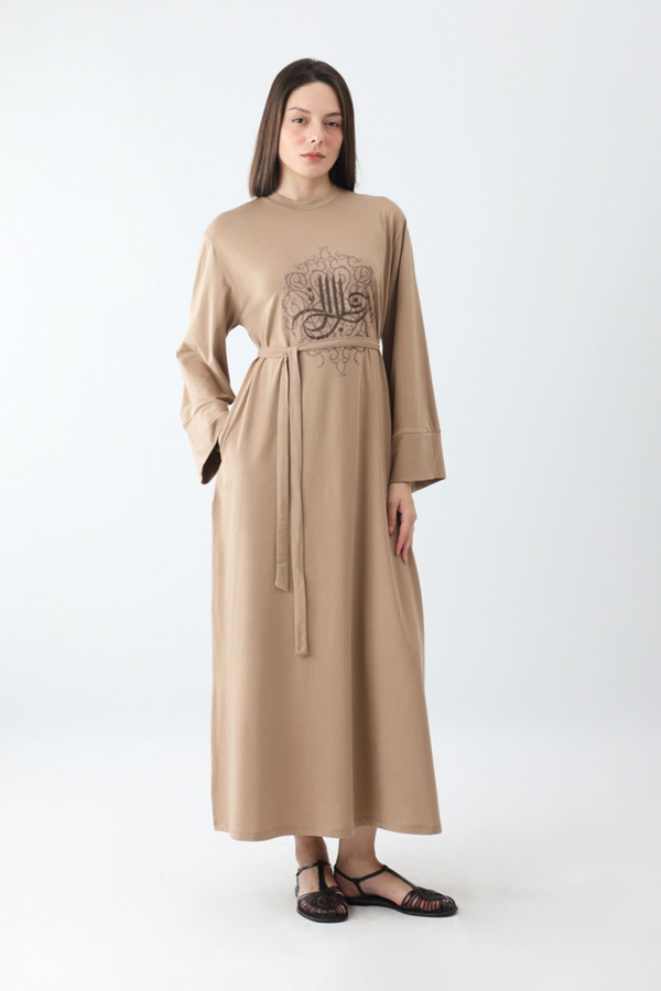 Osmanlı Baskılı Sweat Elbise Camel - 7