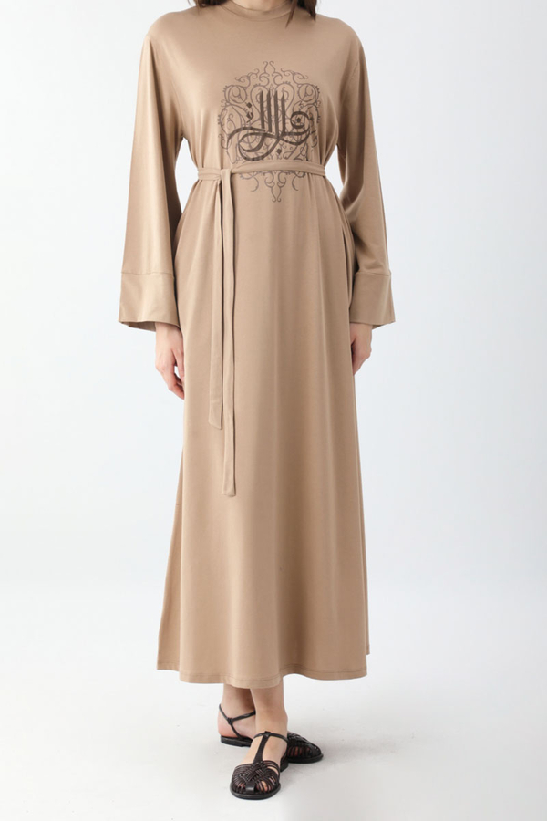 Osmanlı Baskılı Sweat Elbise Camel - 8