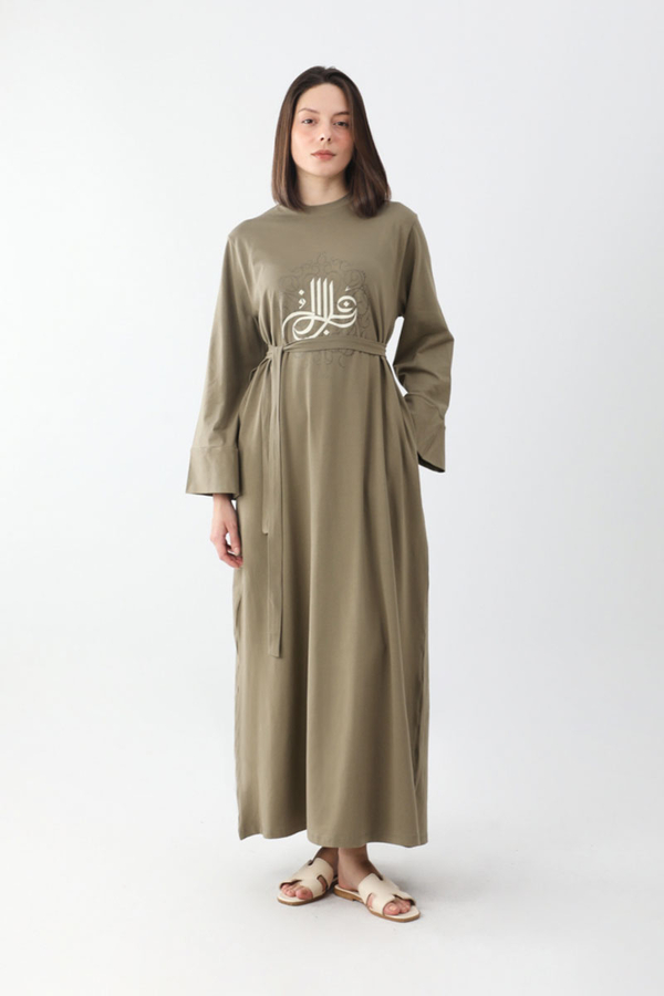 Osmanlı Baskılı Sweat Elbise Haki 