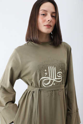 Osmanlı Baskılı Sweat Elbise Haki - 7