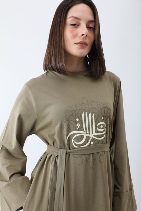 Osmanlı Baskılı Sweat Elbise Haki - 7