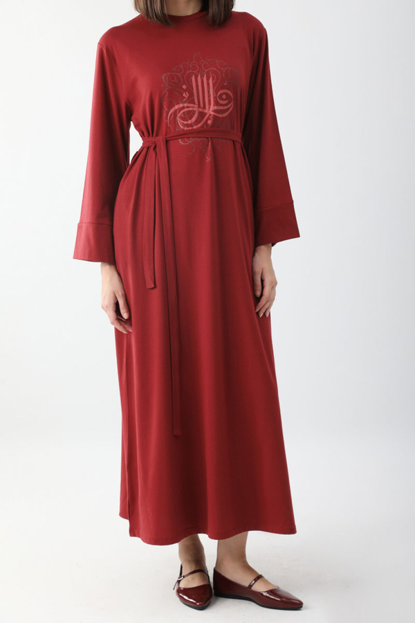 Osmanlı Baskılı Sweat Elbise Kırmızı - 5