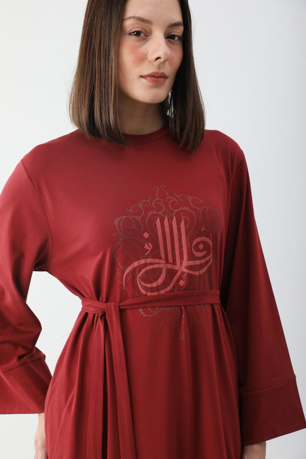 Osmanlı Baskılı Sweat Elbise Kırmızı - 8