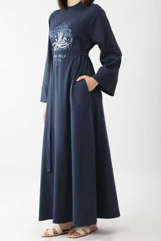 Osmanlı Baskılı Sweat Elbise Lacivert - 8