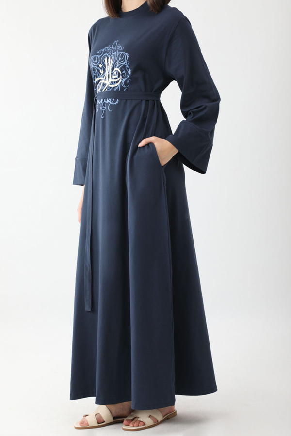 Osmanlı Baskılı Sweat Elbise Lacivert - 8