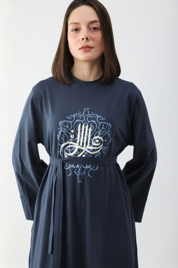 Osmanlı Baskılı Sweat Elbise Lacivert - 1