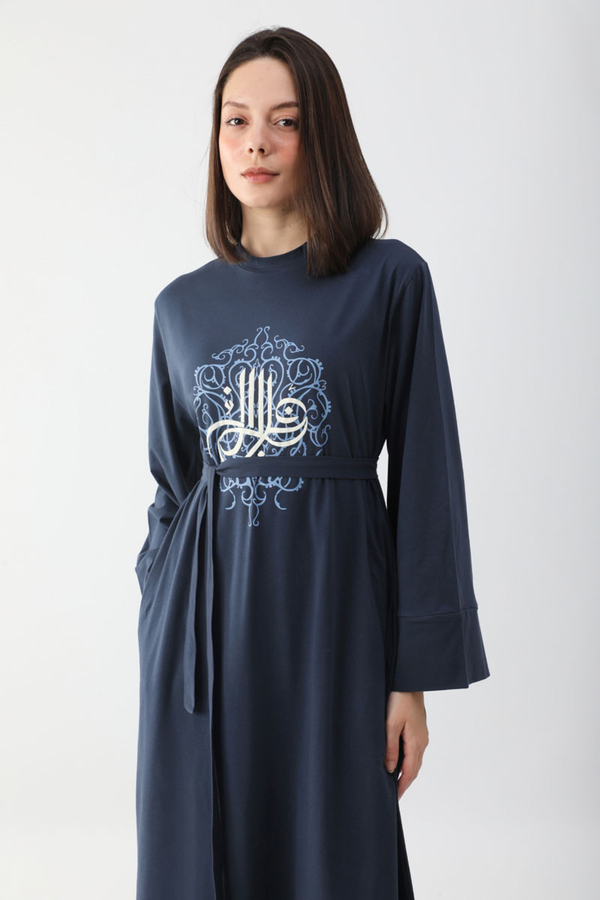 Osmanlı Baskılı Sweat Elbise Lacivert - 9