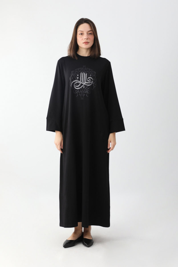Osmanlı Baskılı Sweat Elbise Siyah - 1