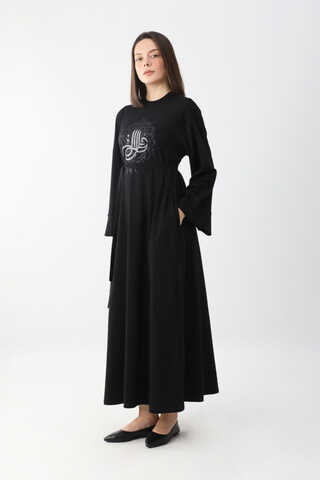 Osmanlı Baskılı Sweat Elbise Siyah - 6