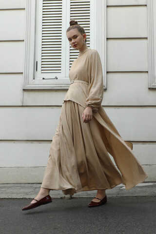 Oval Tunikli Etek Takım Camel - 1