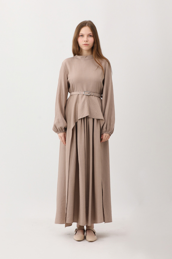 Oval Tunikli Etek Takım Vizon - 3