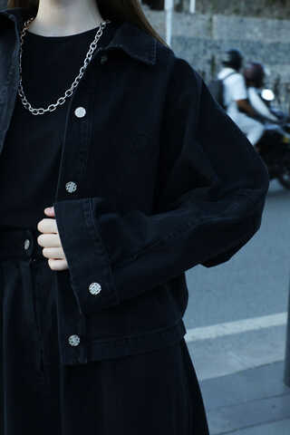 Oversize Denim Ceket Siyah - 4
