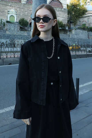 Oversize Denim Ceket Siyah - 2