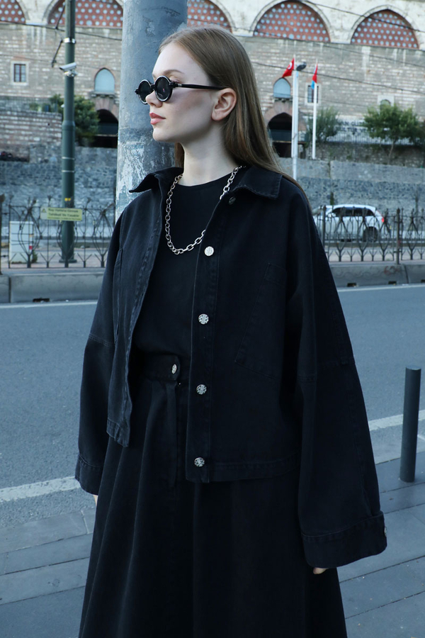 Oversize Denim Ceket Siyah - 3