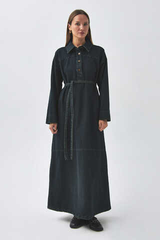 Oversize Denim Elbise Koyu Mavi - 5