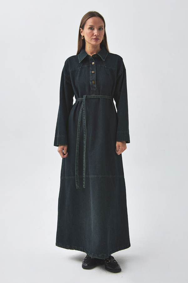 Oversize Denim Elbise Koyu Mavi - 5