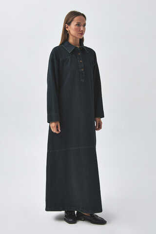Oversize Denim Elbise Koyu Mavi - 4