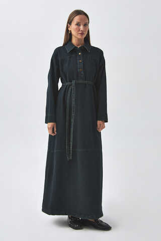 Oversize Denim Elbise Koyu Mavi - 7