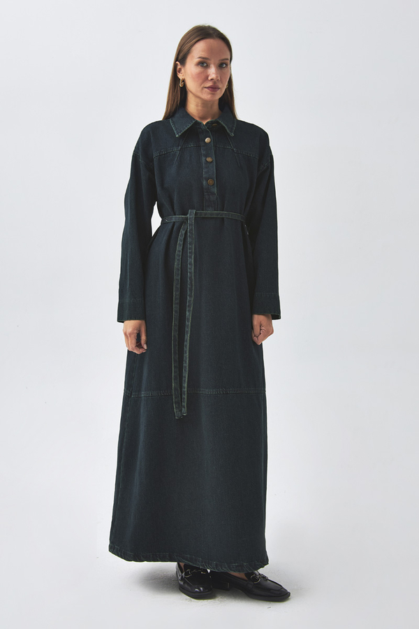 Oversize Denim Elbise Koyu Mavi - 7