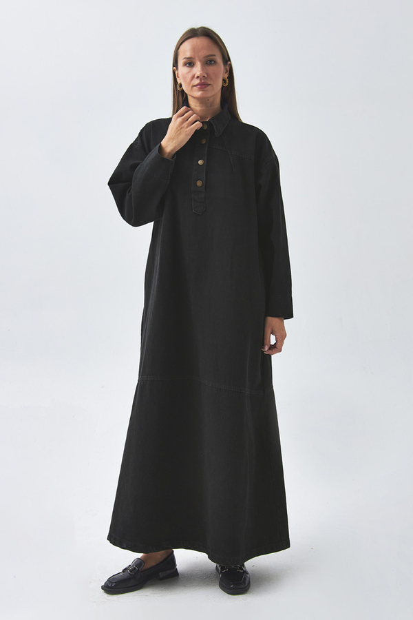 Oversize Denim Elbise Siyah - 3