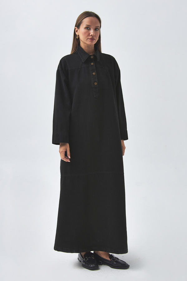 Oversize Denim Elbise Siyah - 4