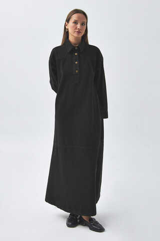 Oversize Denim Elbise Siyah - 5