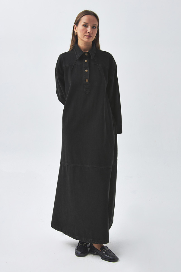 Oversize Denim Elbise Siyah - 5