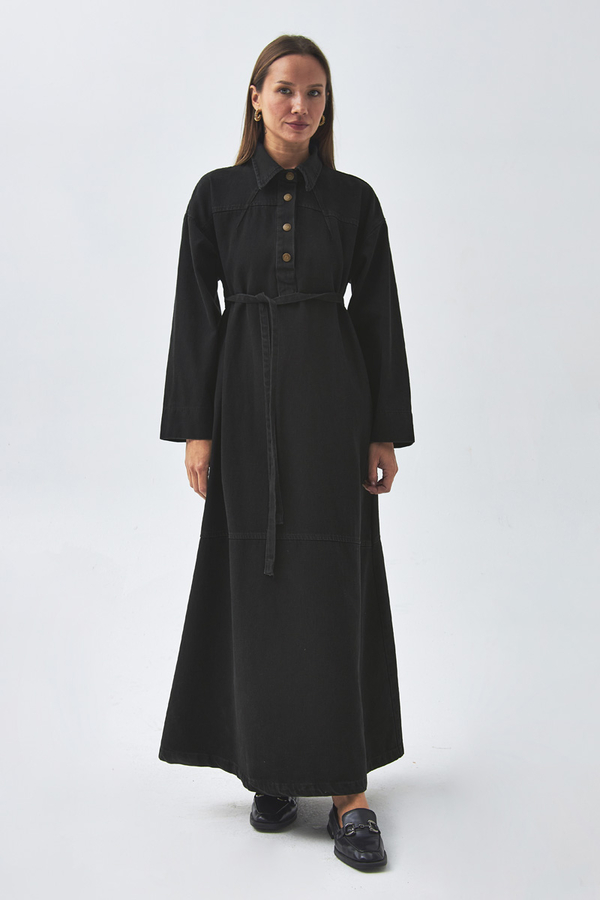 Oversize Denim Elbise Siyah - 6