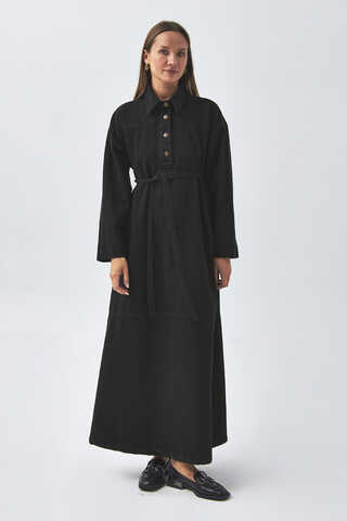Oversize Denim Elbise Siyah - 7