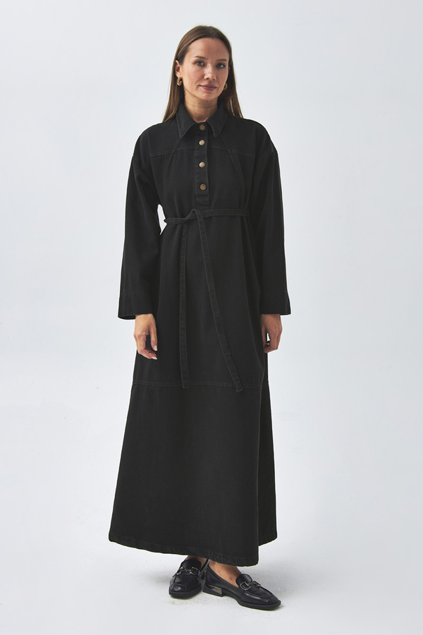 Oversize Denim Elbise Siyah - 7