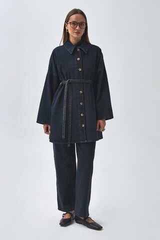 Oversize Denim Gömlek Koyu Mavi - 5